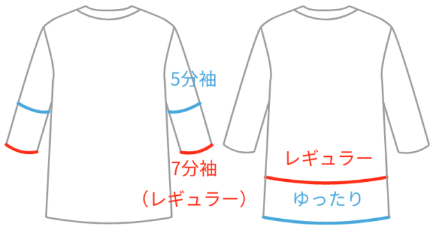 袖丈：7分袖（レギュラー）または5分袖着丈：レギュラーまたはゆったりパンツ丈