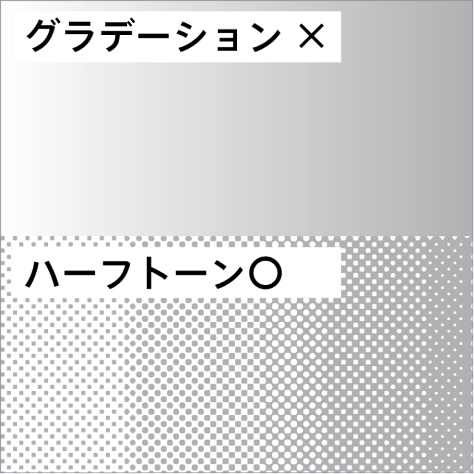 グラデーションは再現できません。細かなドットで再現となります。